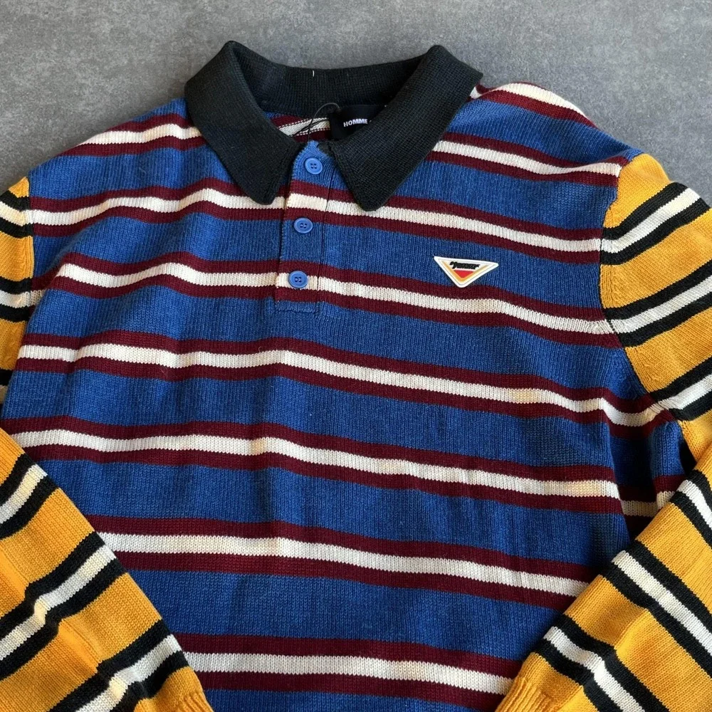 HOMME + FEMME Sweater Mens 2XL‎ Blue Yellow Striped Polo Collar Knit Logo Patch